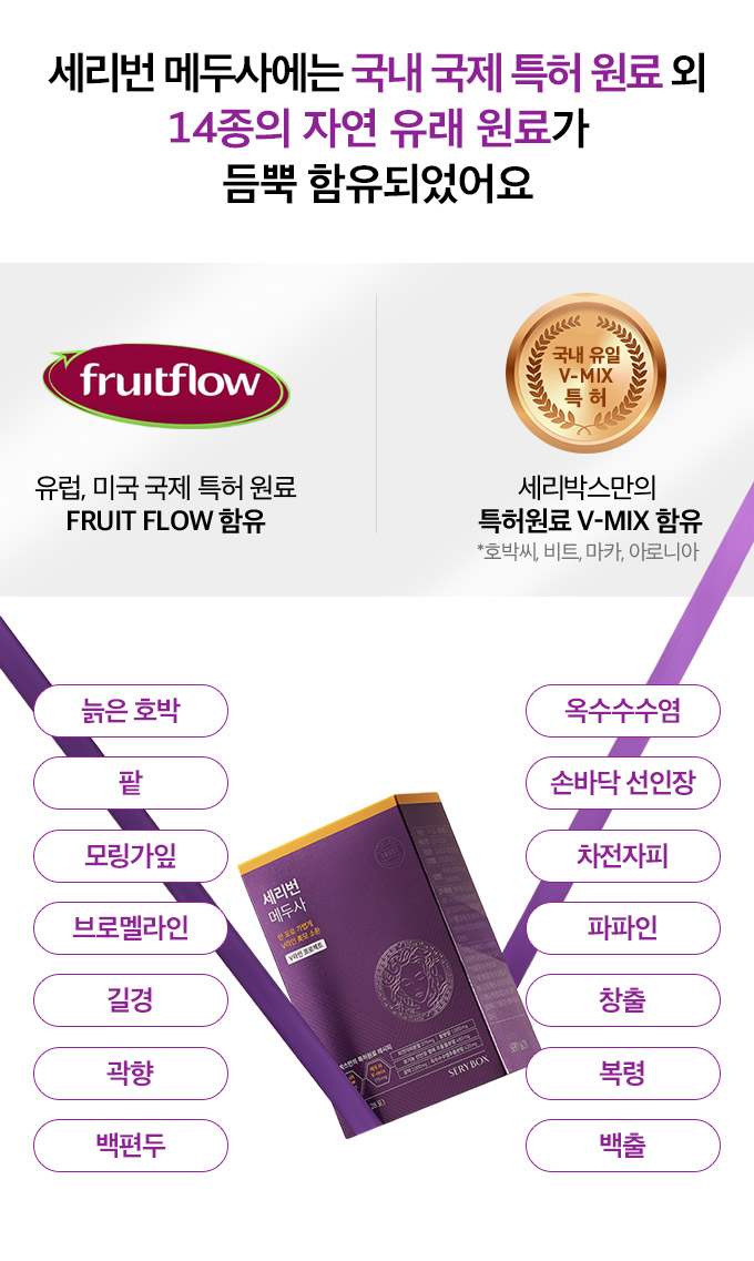 세리번 메두사에는 국내 국제 특허 원료 외 14종의 자연 유래 원료가 듬뿍 함유